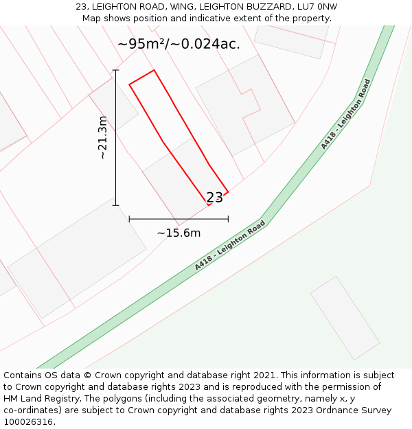 23, LEIGHTON ROAD, WING, LEIGHTON BUZZARD, LU7 0NW: Plot and title map