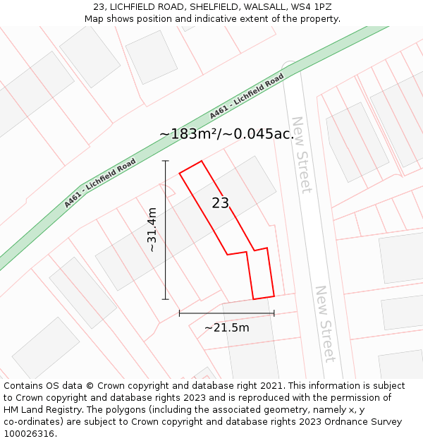 23, LICHFIELD ROAD, SHELFIELD, WALSALL, WS4 1PZ: Plot and title map
