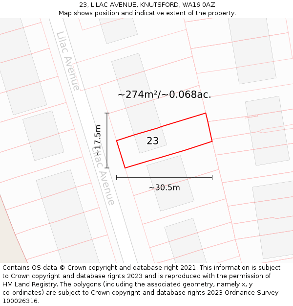23, LILAC AVENUE, KNUTSFORD, WA16 0AZ: Plot and title map