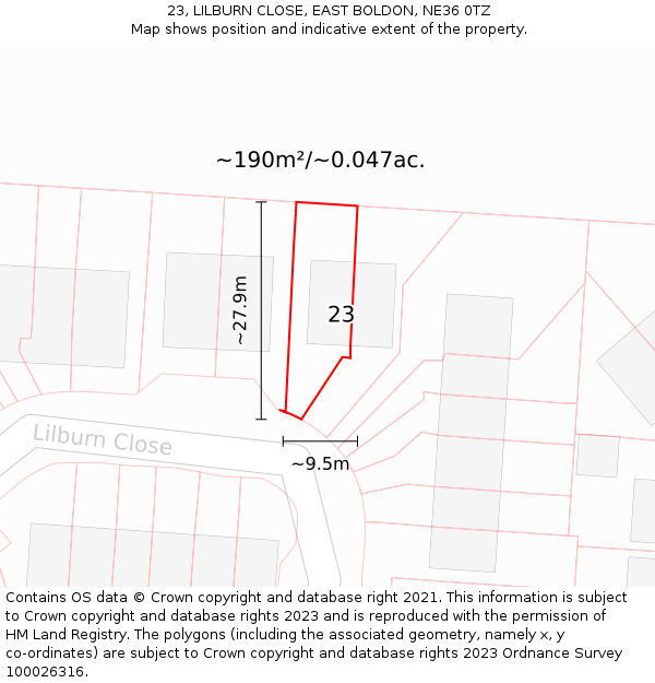 23, LILBURN CLOSE, EAST BOLDON, NE36 0TZ: Plot and title map