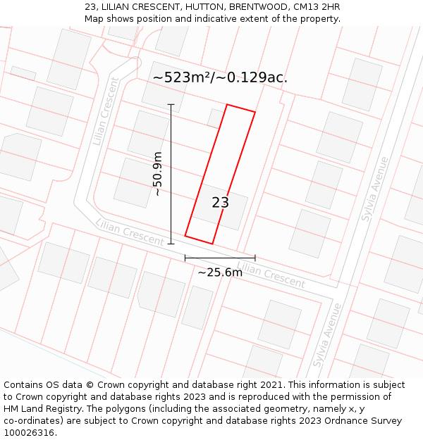 23, LILIAN CRESCENT, HUTTON, BRENTWOOD, CM13 2HR: Plot and title map