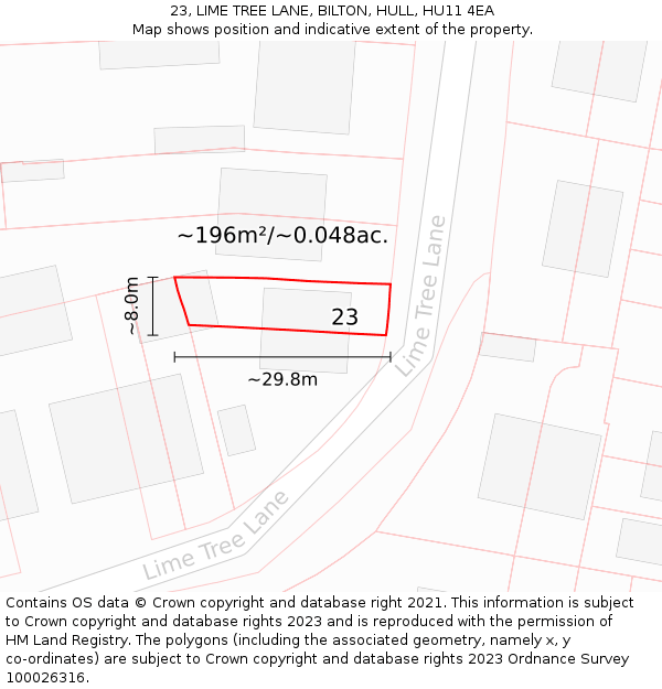 23, LIME TREE LANE, BILTON, HULL, HU11 4EA: Plot and title map