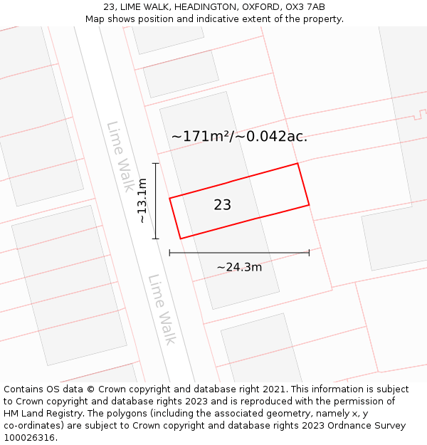 23, LIME WALK, HEADINGTON, OXFORD, OX3 7AB: Plot and title map
