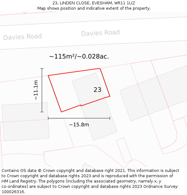 23, LINDEN CLOSE, EVESHAM, WR11 1UZ: Plot and title map