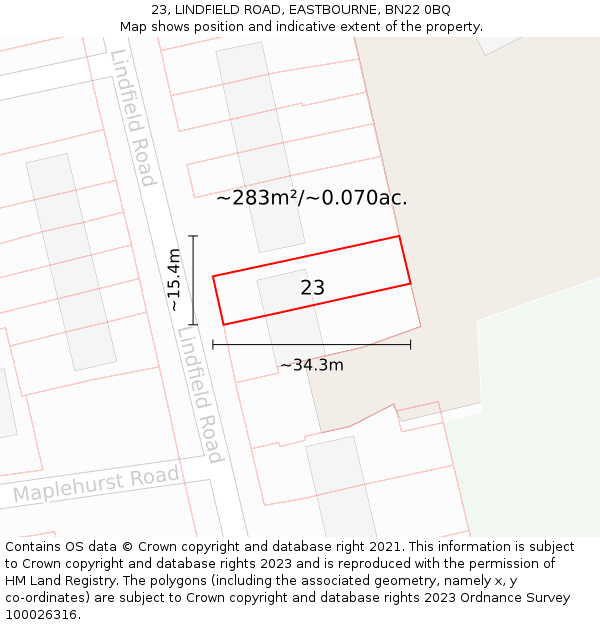 23, LINDFIELD ROAD, EASTBOURNE, BN22 0BQ: Plot and title map