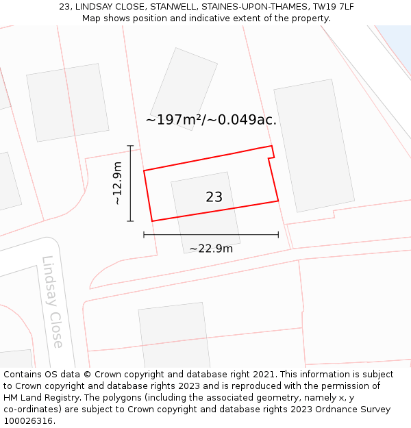 23, LINDSAY CLOSE, STANWELL, STAINES-UPON-THAMES, TW19 7LF: Plot and title map