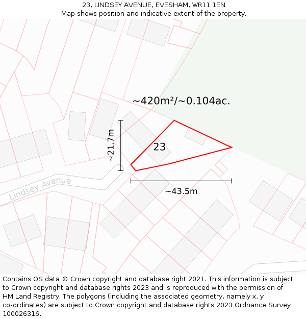 23, LINDSEY AVENUE, EVESHAM, WR11 1EN: Plot and title map
