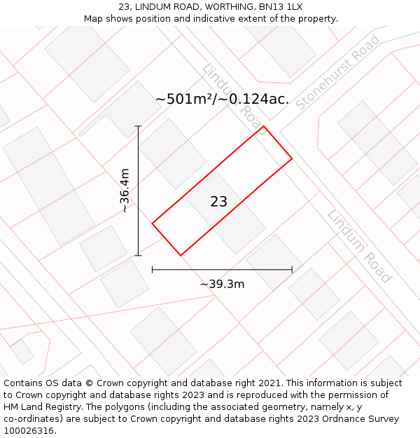 23, LINDUM ROAD, WORTHING, BN13 1LX: Plot and title map