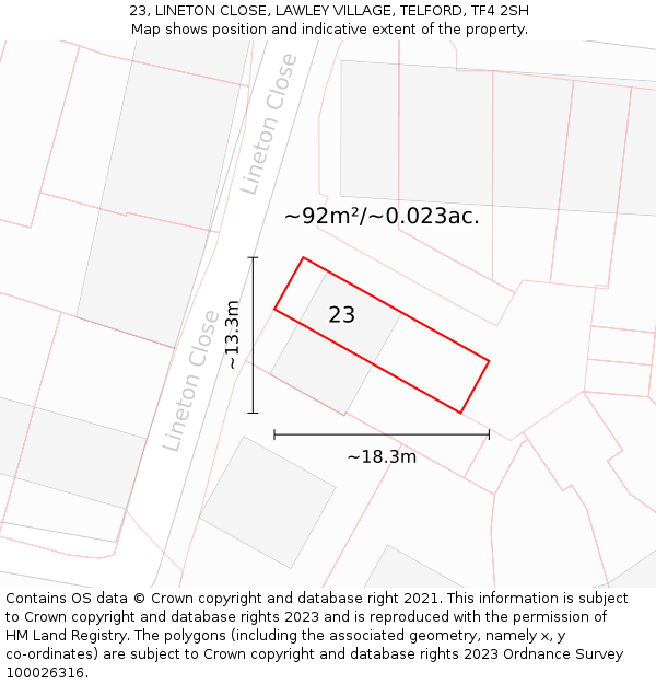 23, LINETON CLOSE, LAWLEY VILLAGE, TELFORD, TF4 2SH: Plot and title map
