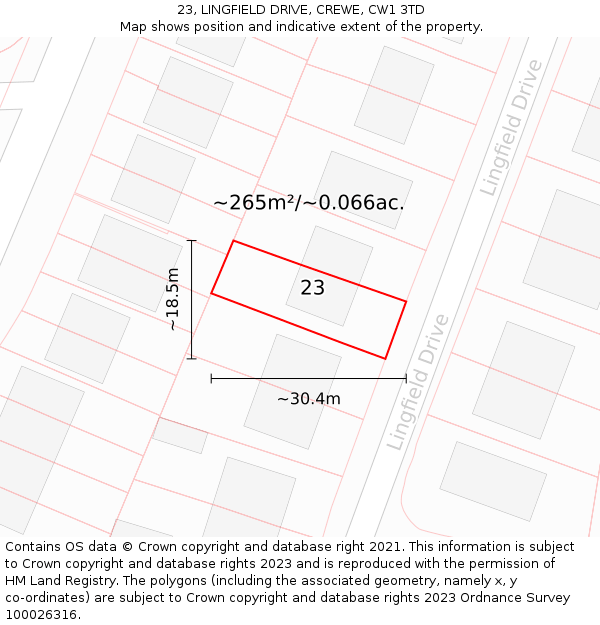 23, LINGFIELD DRIVE, CREWE, CW1 3TD: Plot and title map