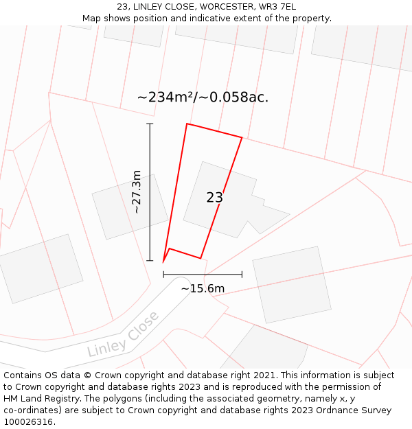 23, LINLEY CLOSE, WORCESTER, WR3 7EL: Plot and title map