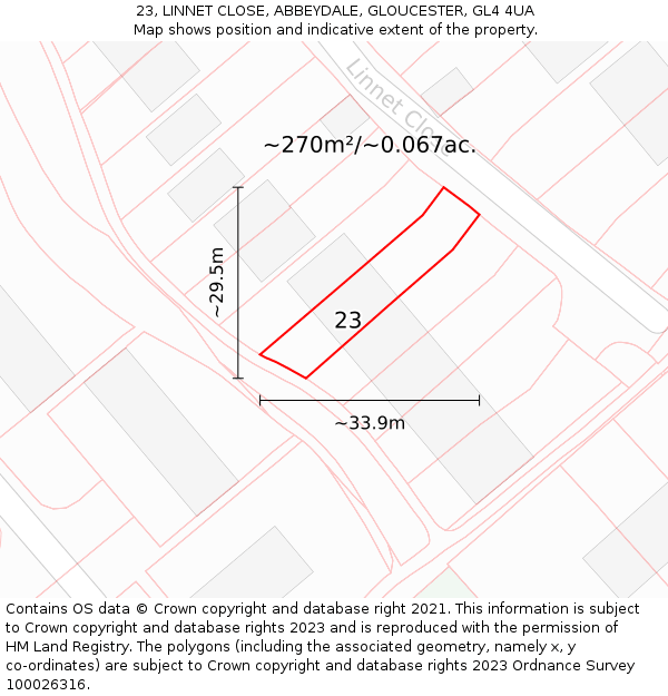 23, LINNET CLOSE, ABBEYDALE, GLOUCESTER, GL4 4UA: Plot and title map