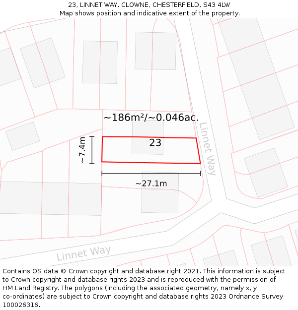 23, LINNET WAY, CLOWNE, CHESTERFIELD, S43 4LW: Plot and title map