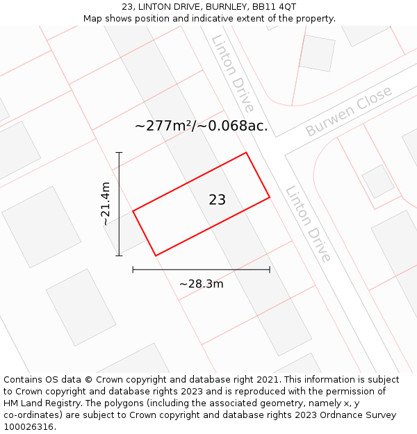 23, LINTON DRIVE, BURNLEY, BB11 4QT: Plot and title map