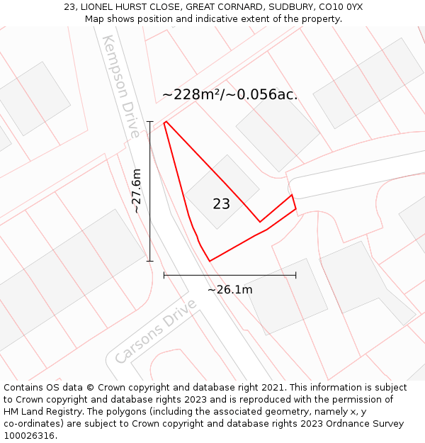 23, LIONEL HURST CLOSE, GREAT CORNARD, SUDBURY, CO10 0YX: Plot and title map
