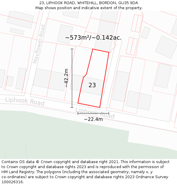 23, LIPHOOK ROAD, WHITEHILL, BORDON, GU35 9DA: Plot and title map