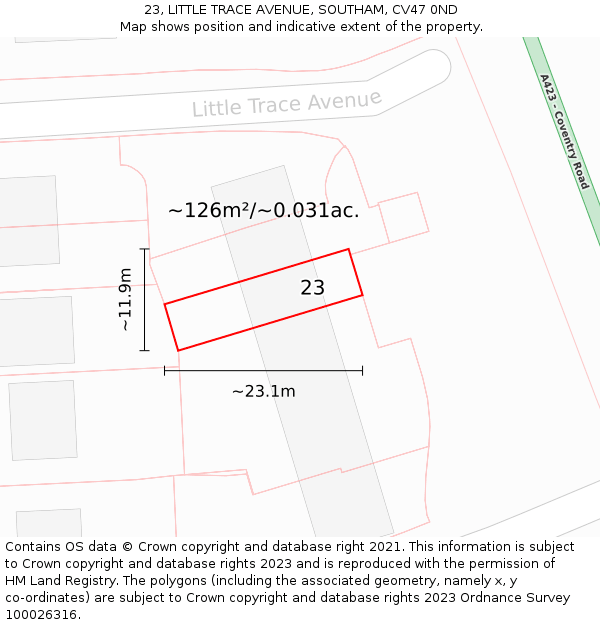23, LITTLE TRACE AVENUE, SOUTHAM, CV47 0ND: Plot and title map