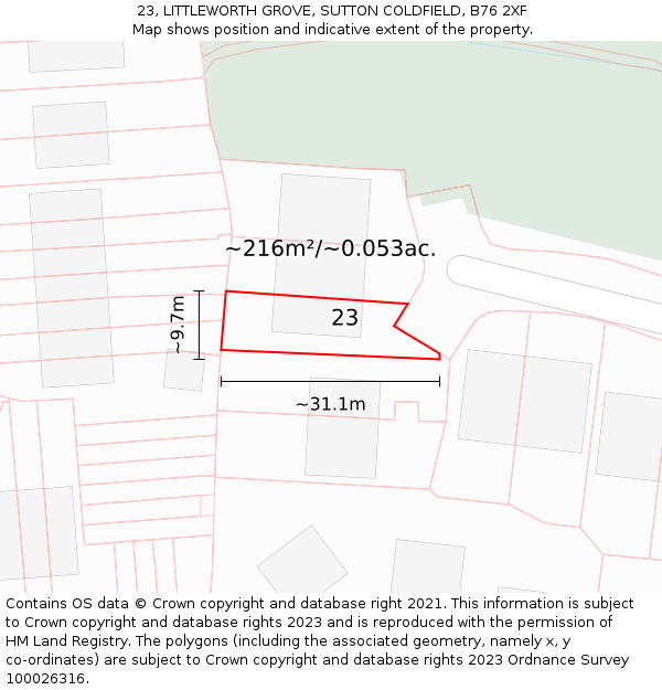 23, LITTLEWORTH GROVE, SUTTON COLDFIELD, B76 2XF: Plot and title map