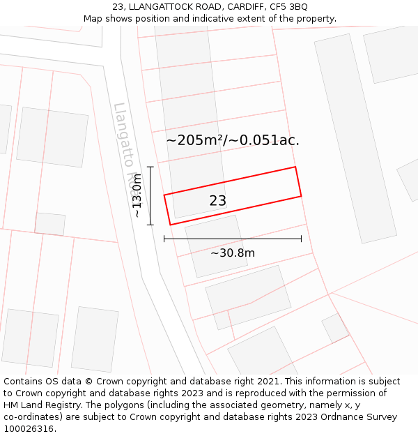 23, LLANGATTOCK ROAD, CARDIFF, CF5 3BQ: Plot and title map