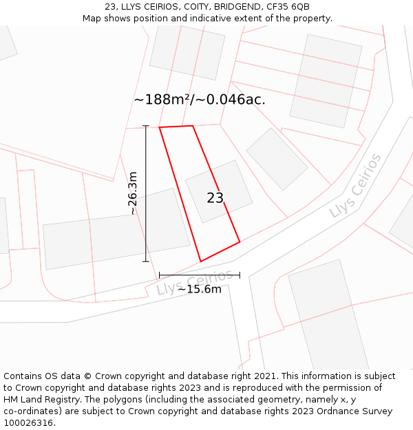 23, LLYS CEIRIOS, COITY, BRIDGEND, CF35 6QB: Plot and title map