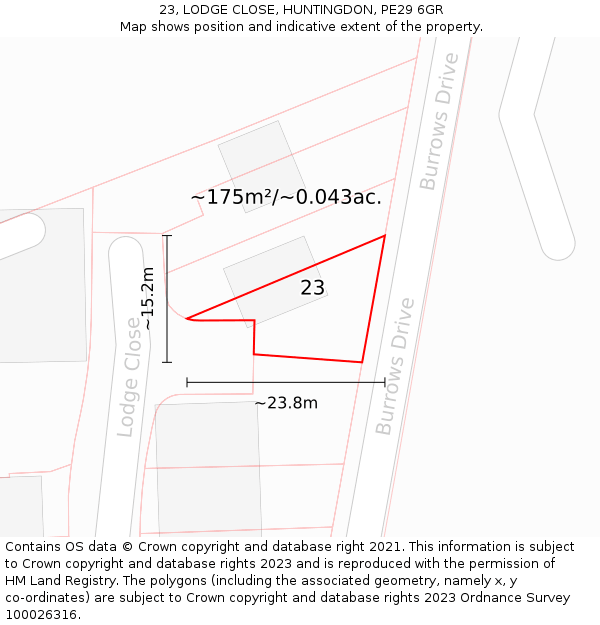 23, LODGE CLOSE, HUNTINGDON, PE29 6GR: Plot and title map