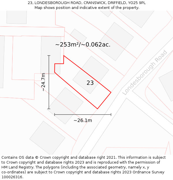 23, LONDESBOROUGH ROAD, CRANSWICK, DRIFFIELD, YO25 9PL: Plot and title map