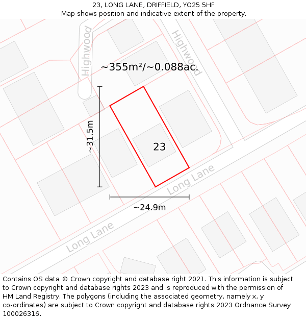 23, LONG LANE, DRIFFIELD, YO25 5HF: Plot and title map
