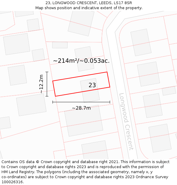 23, LONGWOOD CRESCENT, LEEDS, LS17 8SR: Plot and title map