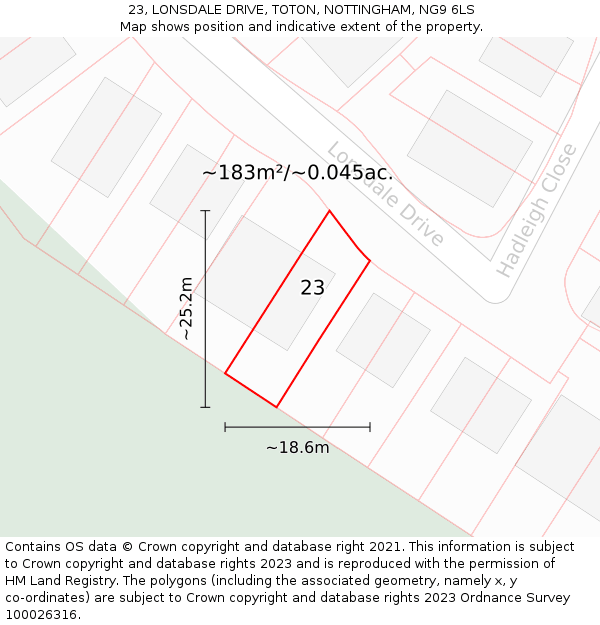 23, LONSDALE DRIVE, TOTON, NOTTINGHAM, NG9 6LS: Plot and title map