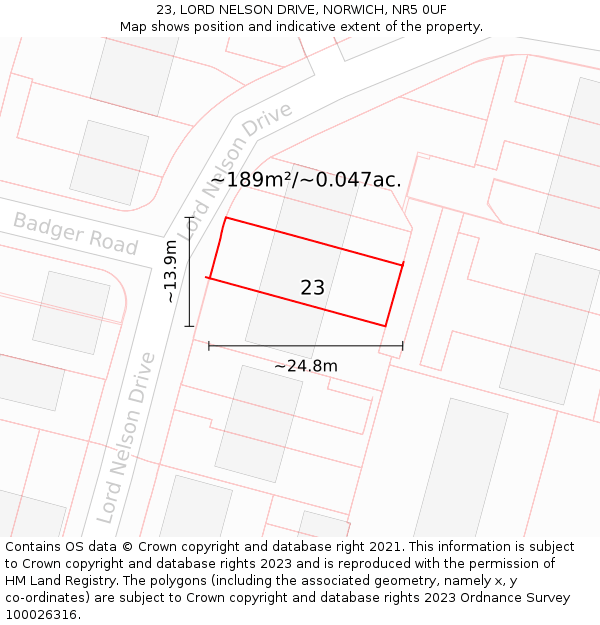 23, LORD NELSON DRIVE, NORWICH, NR5 0UF: Plot and title map