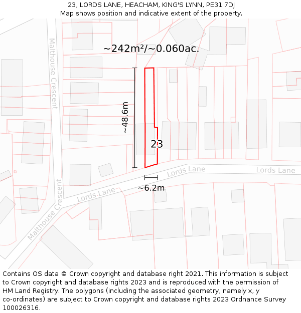 23, LORDS LANE, HEACHAM, KING'S LYNN, PE31 7DJ: Plot and title map