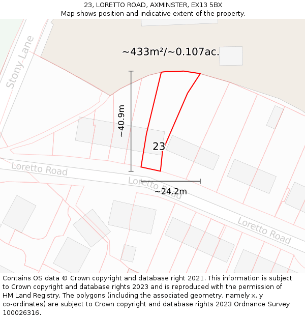 23, LORETTO ROAD, AXMINSTER, EX13 5BX: Plot and title map