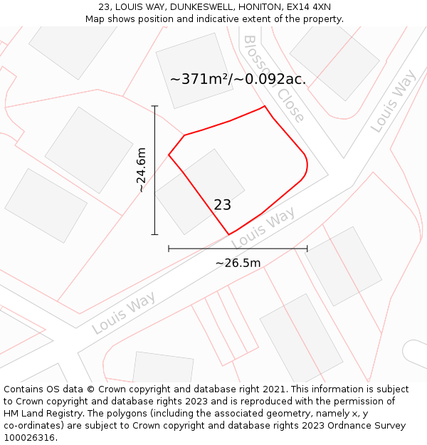 23, LOUIS WAY, DUNKESWELL, HONITON, EX14 4XN: Plot and title map