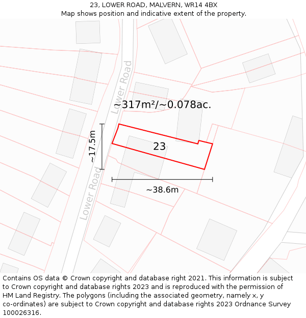 23, LOWER ROAD, MALVERN, WR14 4BX: Plot and title map