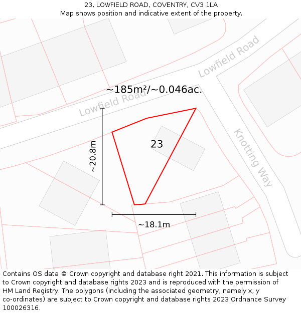 23, LOWFIELD ROAD, COVENTRY, CV3 1LA: Plot and title map
