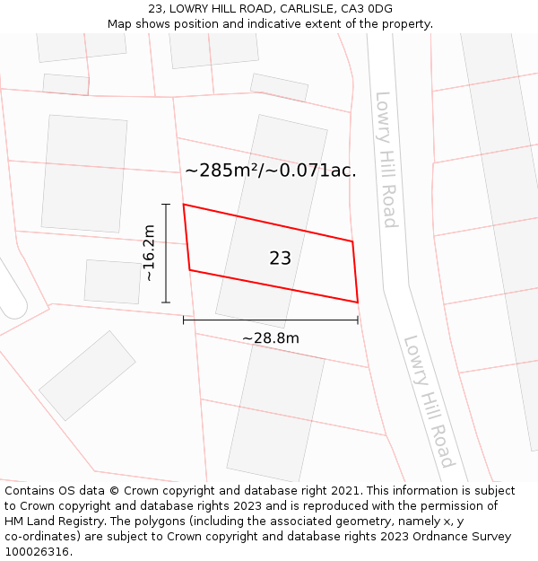 23, LOWRY HILL ROAD, CARLISLE, CA3 0DG: Plot and title map