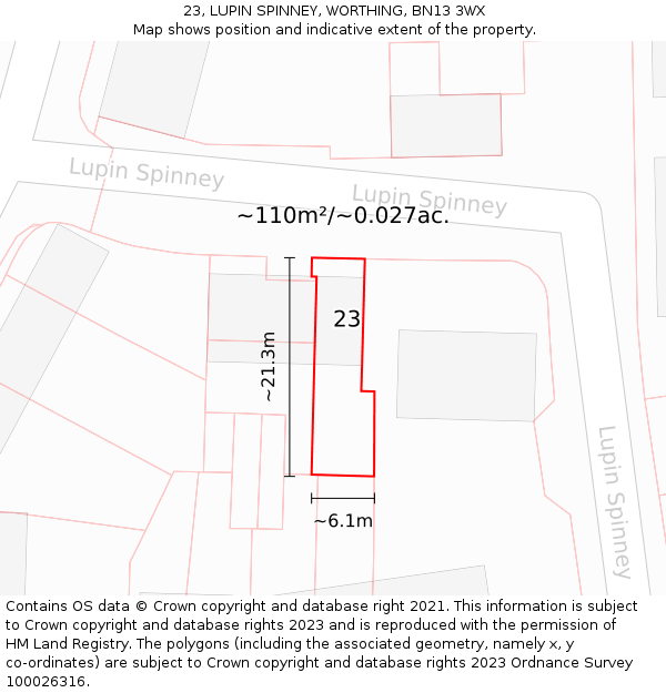 23, LUPIN SPINNEY, WORTHING, BN13 3WX: Plot and title map