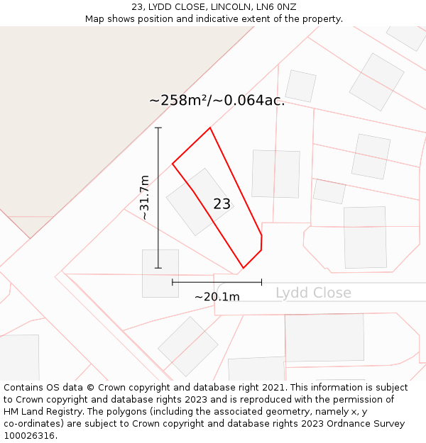 23, LYDD CLOSE, LINCOLN, LN6 0NZ: Plot and title map