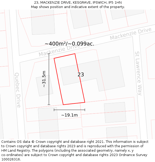 23, MACKENZIE DRIVE, KESGRAVE, IPSWICH, IP5 1HN: Plot and title map