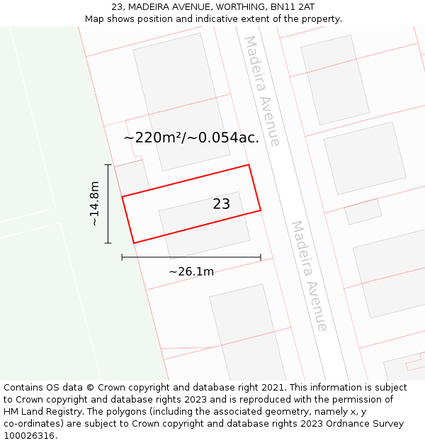 23, MADEIRA AVENUE, WORTHING, BN11 2AT: Plot and title map