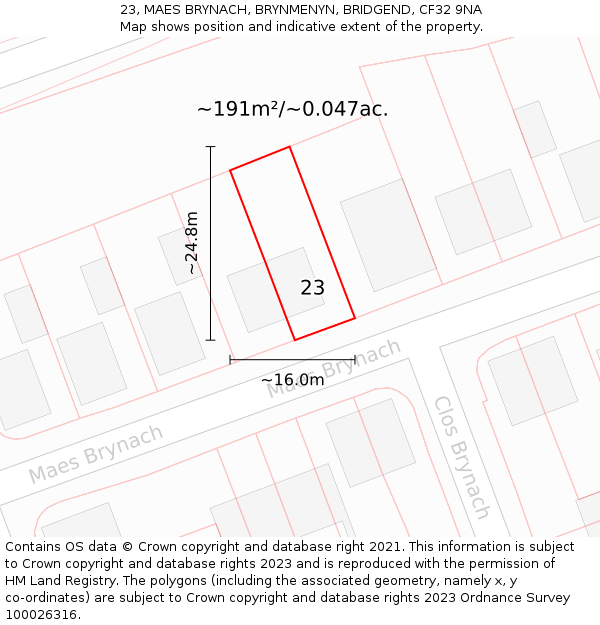 23, MAES BRYNACH, BRYNMENYN, BRIDGEND, CF32 9NA: Plot and title map