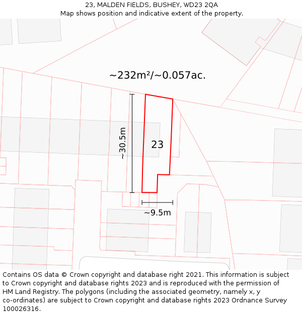 23, MALDEN FIELDS, BUSHEY, WD23 2QA: Plot and title map