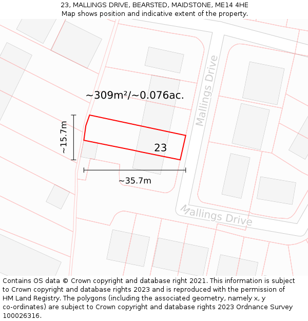 23, MALLINGS DRIVE, BEARSTED, MAIDSTONE, ME14 4HE: Plot and title map
