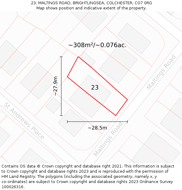 23, MALTINGS ROAD, BRIGHTLINGSEA, COLCHESTER, CO7 0RG: Plot and title map