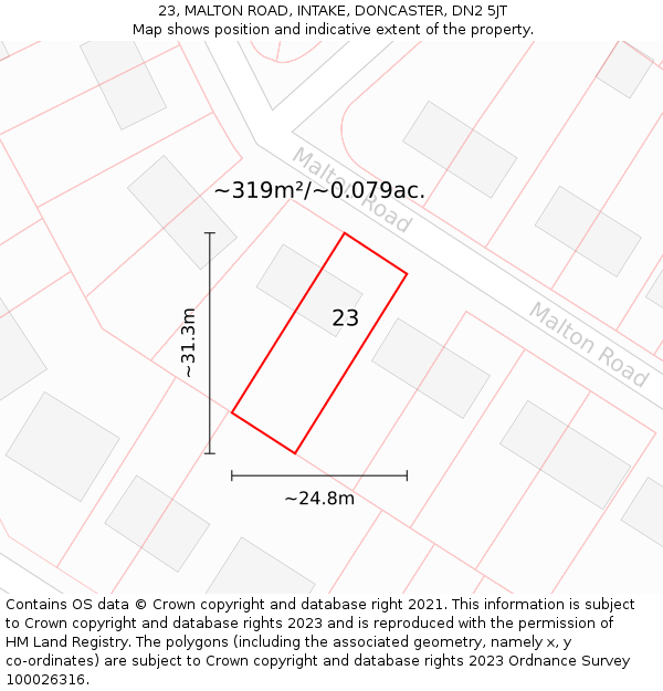 23, MALTON ROAD, INTAKE, DONCASTER, DN2 5JT: Plot and title map