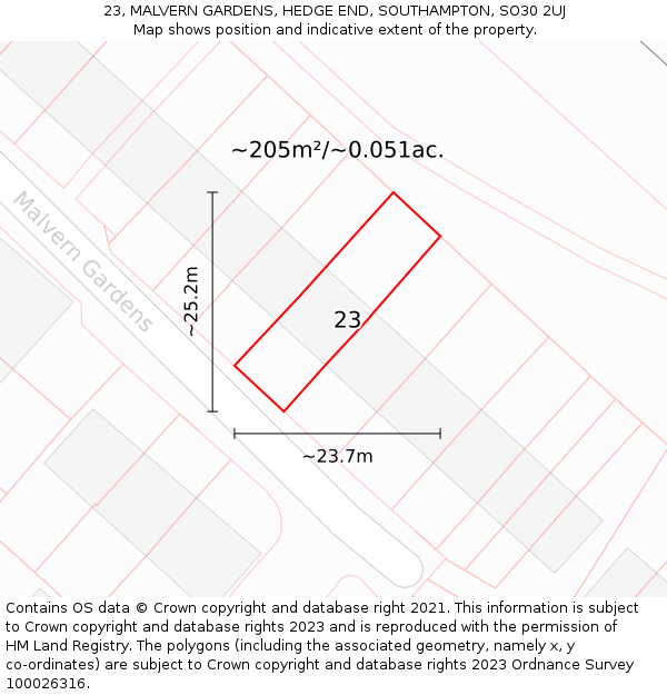23, MALVERN GARDENS, HEDGE END, SOUTHAMPTON, SO30 2UJ: Plot and title map