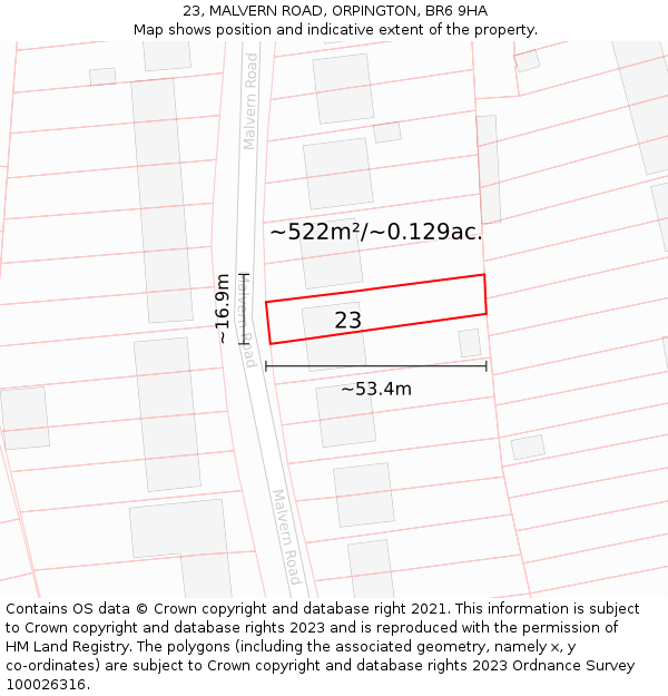 23, MALVERN ROAD, ORPINGTON, BR6 9HA: Plot and title map
