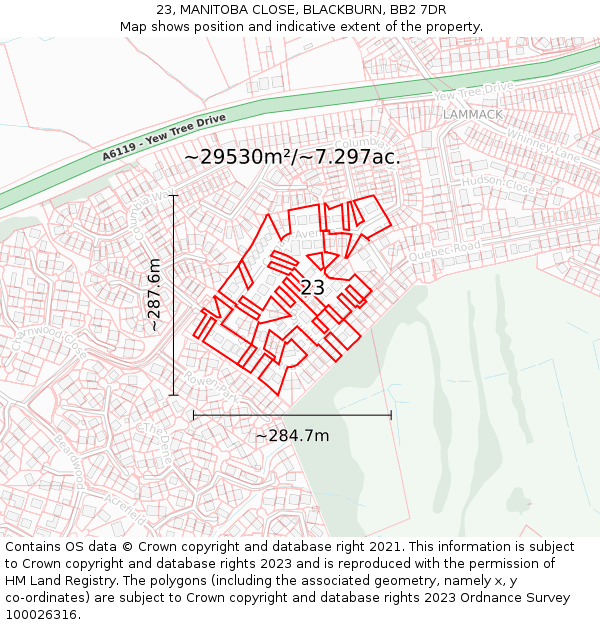 23, MANITOBA CLOSE, BLACKBURN, BB2 7DR: Plot and title map