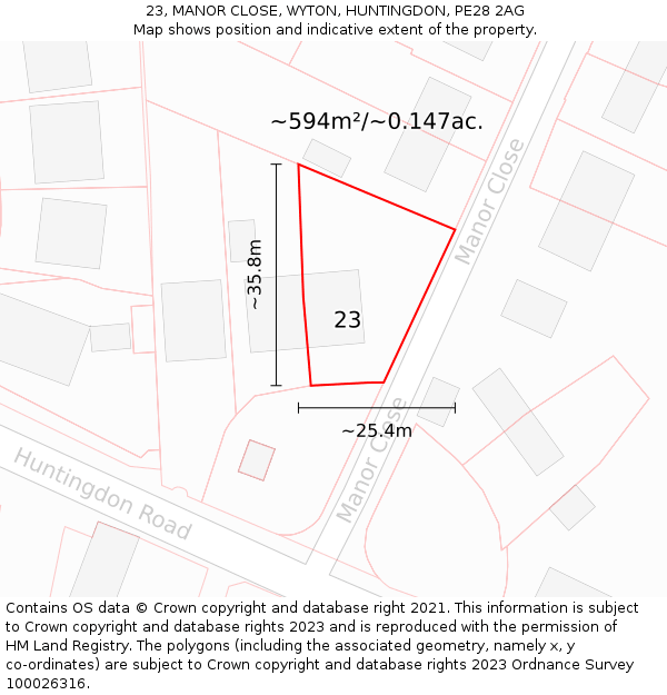 23, MANOR CLOSE, WYTON, HUNTINGDON, PE28 2AG: Plot and title map