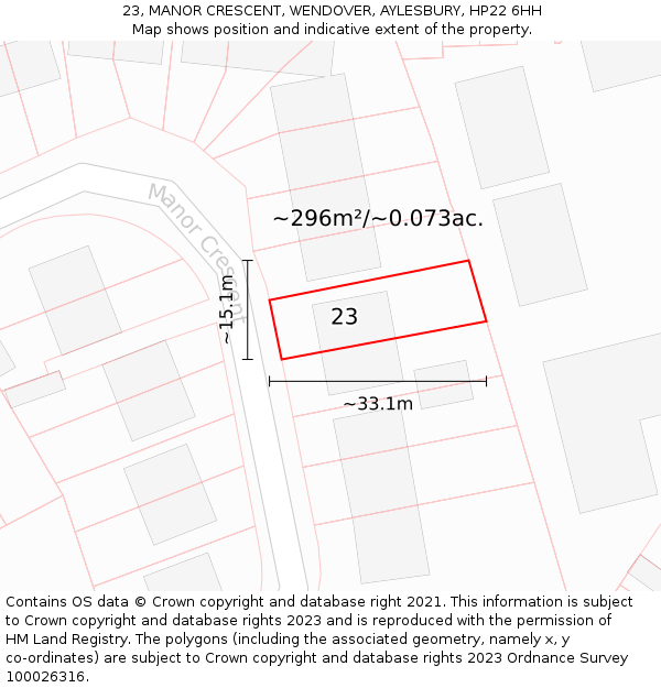23, MANOR CRESCENT, WENDOVER, AYLESBURY, HP22 6HH: Plot and title map